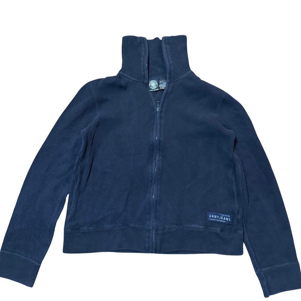 Vintage Y2K DKNY Jeans Navy Blue Full Zip Ribbed Sweater Jacket Size Large